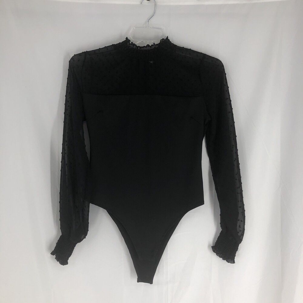 Unbranded Black Sheer Mesh Polka Dot Sleeve High Neck Bodysuit Size Large